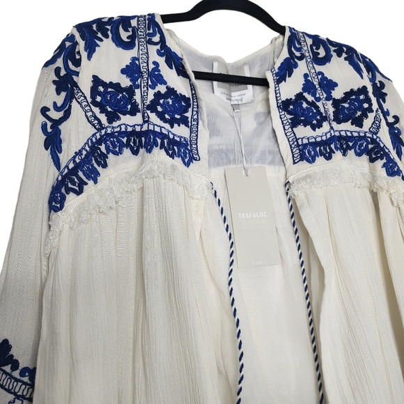 ZARA Ecru & Blue Embroidered Swing Jacket Open Front – Size Small - Picture 3 of 5